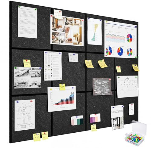 Uoisaiko Large Cork Board 30x30cm 12pcs Felt Wall Tiles with Safe Removable Adhesive Tabs and 60 Push Pins (Black（Flat）)