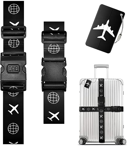 Koffergurte 2 Stück, Verstellbare Kofferband mit zahlenschloss und Adressschild, Kreuzgurt Kofferbänder für Koffer, Reisezubehör Gepäckgurt Luggage Strap zum Sicheren Verschließen (Schwarz)