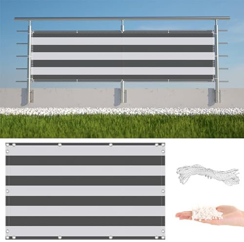 Sichtschutz Balkon 95x600cm, UV-fest, Witterungsbeständig, 100% Blickdicht, inkl. Nylonkordel Befestigungsmaterial - Schattiernetz Tennisblende für Terrasse, Hinterhof, Terrasse, Graue Streifen
