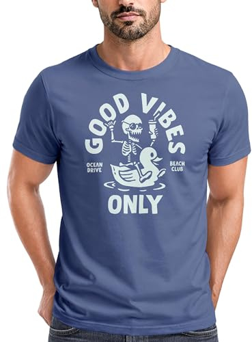 Neverless® Herren T-Shirt Printshirt Spruch Good Vibes Only Skelett-Motiv Sommer Frontprint Fashion Streetstyle Denim-Blue 3XL