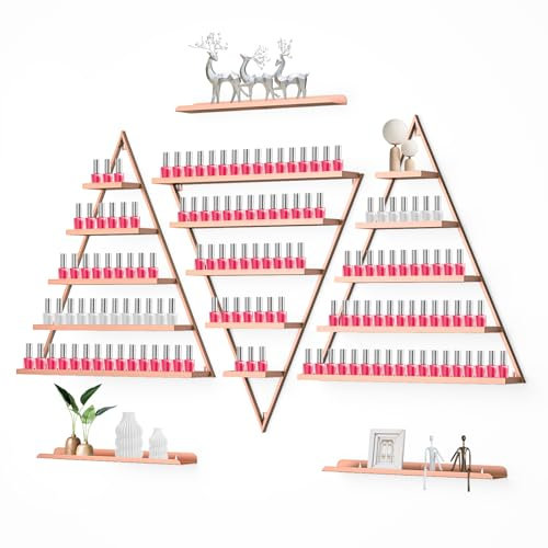 Kalolary Metal Wall-mounted Nail Polish Storage Racks 5 Tiers Rose Gold Triangular Display Rack Cosmetic Display Cases Lipstick Perfume Wall Shelf Essential Oil Organizers for Home Spa Nail Salon Shop