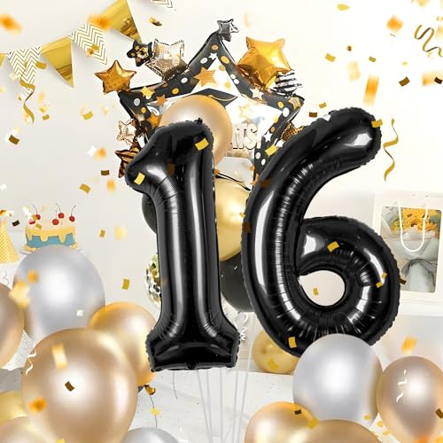 Geburtstag zahlen luftballon 16 jahre | Folienballon Schwarz- Folienballon in 40-101cm Geburtstagsdeko - Ballon Zahl Deko zum Geburtstag fliegt mit Helium für Mädchen Junge 16.Geburtstags