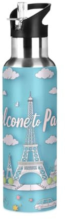 Romantischer Pariser Eiffelturm Trinkflasche Wasserflasche mit Strohhalm, Thermosflasche Vakuumisolierte aus Edelstahl 18/8, BPA-frei für Kinder Sport Wandern Schule (600ml/1L)