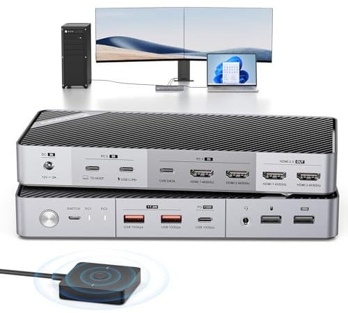 Minisopuru Conmutador KVM para ordenador portátil y de sobremesa - Conmutador KVM de doble monitor 4K @ 60Hz con 2 HDMI, carga 15W, base KVM USB C para Thunderbolt 5/4/3