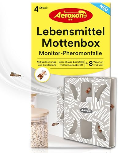 Aeroxon Lebensmittel Mottenbox 4er Pack - Geruchlose Lebensmittelmottenfalle, Wirksame Klebefalle für die Küche gegen Lebensmittelmotten Mit Verklebungs- und Sichtschutz