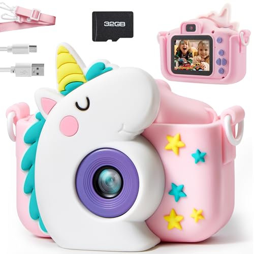 SYNCFUN Kinderkamera, Digitalkamera Spielzeug 1080P HD Mit 32GB Karte, Fotoapparat Einhorn Geschenke Für Kinder Ab 3-9+ Jahre, Jungen Und Mädchen