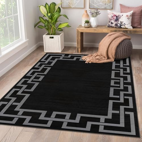 AMEHA Rugs Living Room Large 160x230 cm - Black Bedroom Rug (Nico Black) | Easy to Clean Non Slip Modern Carpet Non Shedding Greek Key Style Durable Soft Low Pile Large Bedside Rug for Kids Room