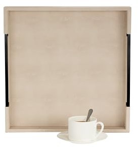 Sagala 16x16 Ivory Shagreen Leather Serving Tray with Handles for Ottoman Coffee Table, Stylish Decorative Tray for Living Room Modern Home Decor (Ivory-Black, Square 16)