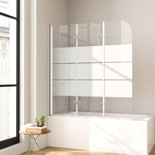 Gestreift Badewannenaufsatz 140 x 140 cm 3-teilig Duschwand für Badewanne faltbar mit 6 mm Sicherheitsglas (ESG) Klar hell Profilfarbe Chromoptik Duschabtrennung für Badewanne