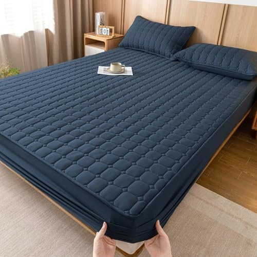 Lirzxin Boxspringbett 180x220x28 cm, Spannbettlaken Gewaschene Baumwolle Einfarbig mit Geometrisch Gitter Struktur Bettlaken Doppelbett und 2 Kissenbezug, Marineblau