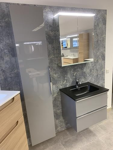 Badmöbel Set Eco 60 cm mit Hochschrank und Spiegel | Keramikwaschbecken schwarz | Unterschrank | Spiegel | Hochschrank | Waschbeckenunterschrank Waschbeckenschrank Badezimmerschrank Badmöbelset