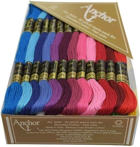 50 gomitoli di filo da ricamo a punto croce, in cotone intrecciato con ancora, colori assortiti (50 cieni, 2 tonalità di 25 tonalità ciascuna, 8 m)