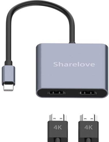Sharelove USB C to Dual HDM Adapter, 2 in 1 Splitter for Dual Monitors 4K@60Hz, Practical Dual Adapter for 2 Monitors Type C to Double Adaptor Compatible with Nintendo Switch Macbook