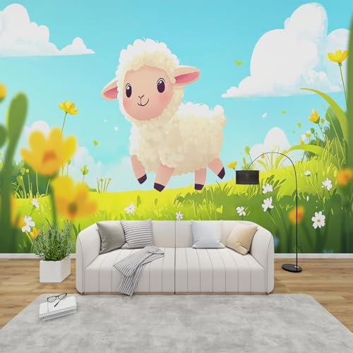 PaxGloz Fototapete Cartoon Schaf Tapete Lamm Bauernhof Tier Tapeten Vliestapete Modern Wandtapete Wohnzimmer Schlafzimmer Kinderzimmer Wanddeko Motivtapeten 300 x 210 cm (B x H)