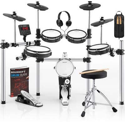 AKLOT 【Elektrisches Schlagzeug-Set mit Kick-Tower】4 Dual Zone Mesh Pads, 8'' Tower-Style Kick Drum, 10'' Snare, Dual Zone 10'' Becken mit Choke, 360 Sounds, User Kit, USB-MIDI, Throne, B-CORE 540 Air
