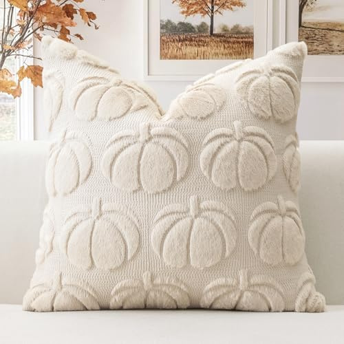 Artscope 1er Set Wolle Kürbis Kissenbezug Weicher Plüsch Kurzer Wollsamt Dekokissenbezüge Herbst Kissenhülle Sofakissen Herbstdeko für Sofa Schlafzimmer Halloween Creme Beige, 50x50cm