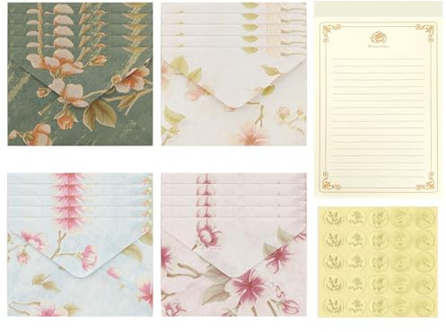 Diakey Brief- und Umschläge-Set, 20 geprägte Blumenumschläge + 40 liniertes Briefpapier + 25 goldene Aufkleber, Vintage-Schreibwaren-Set, 4 Stile