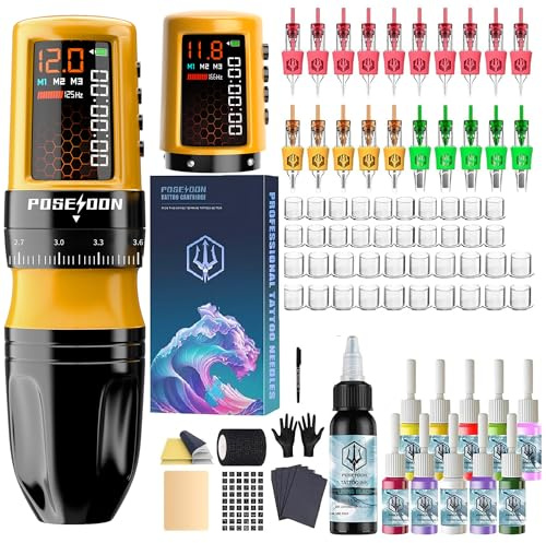 POSEIDON Cordless Tattoo Machine Kit with 7 Stroke Settings, Two 1800mAh Batteries, Normal/Dot Modes & LED Display - Professional Portable Tattoo Gun for Beginners | Complete Starter Supplies (HM158)