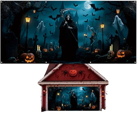 Bannière de porte de garage – Décorations d'Halloween pour porte de garage – Dômes muraux suspendus pour extérieur, maison, vacances, fête, cour, photographie de jardin