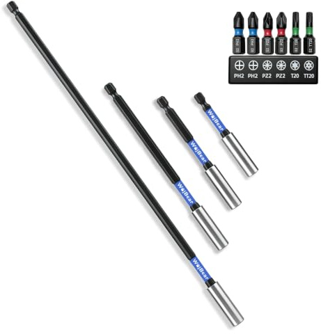 WojBear 4 PCS Magnetic Extension Bit Holder Set, 75mm, 100mm, 150mm, 300mm Drill Bit Holder for Impact Driver with 6 PCS Screwdriver Bits, 2*PZ2 2*PH2 T20 TT20