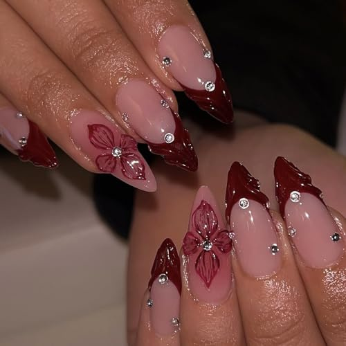 24Pcs Red French Tip Press On Nails, False Nails Almond with 3D Flowers, French Tip Stick on Nails, Full Cover Removable Acrylic Fake Nail for Women Girls