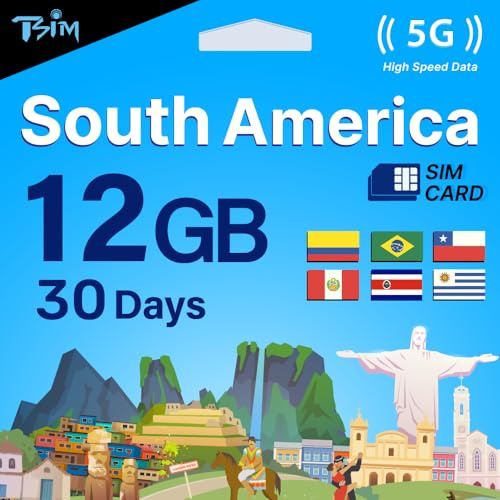 TSIM Südamerika SIM-Karte 30 Tage | 12 GB Internet in 5G/4G/LTE (Datenfreigabe erlaubt) | Nutzbar in Brasilien, Chile, Kolumbien, Peru, Uruguay & Costa Rica | 5G-Netz mit hoher Abdeckung.