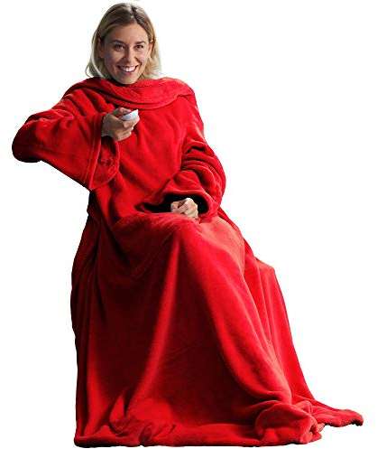 CelinaTex TV-Decke mit Ärmeln und Fußtasche Flauschige Kuscheldecke XL 170 x 200 cm rot Mikrofaser Fleece Soft Oeko-TEX