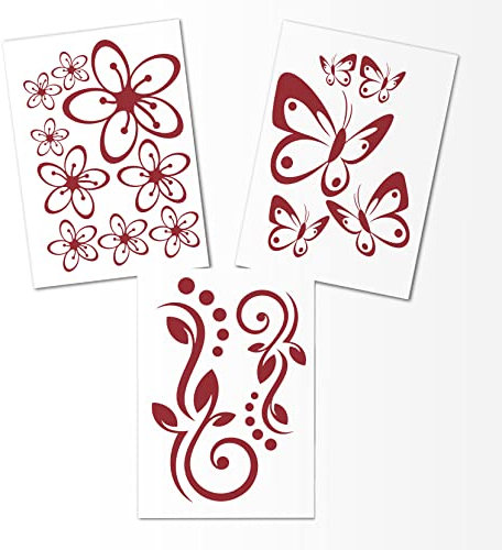 Hibiskus Schmetterling Blüten Ornament SET I - dunkelrot - 30x21cm - Wall Sticker Wandtattoo Wandaufkleber - Dekoration, Küche, Wohnzimmer, Schlafzimmer, Badezimmer