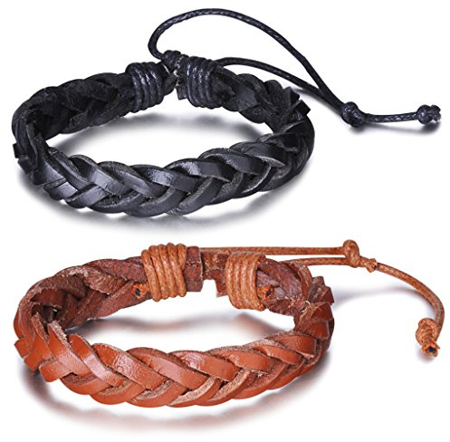 Unendlich U Fashion Simpel Damen Verstellbar Armband Armreif Geflochten Leder Multilayer Manschette Armschmuck, Braun/Schwarz(2 Stück)
