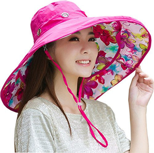 iHomey Chapeau de soleil, capeline, large bord décapotable, réversible UPF 50 + bob contre le soleil pour plage., Fille, Rose Red-Flower