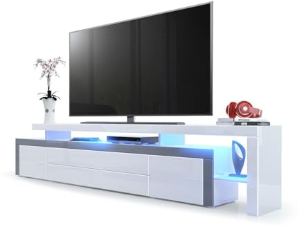 Vladon TV Board Lowboard Leon V3, Made in Germany, Korpus und Überbau in Weiß Hochglanz/Front in Weiß Hochglanz mit Rahmen in Grau Hochglanz inkl. LED Beleuchtung (227 x 52 x 35 cm)