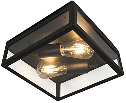 Qazqa - Modern Industrie I Vintage I Outdoor-Außen Deckenleuchte I Deckenlampe I Lampe I Leuchte schwarz 2-flammig - Rotterdam I Außenbeleuchtung - Edelstahl Quadratisch - LED geeignet E27