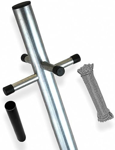 1 x 2.4m Large Heavy Duty Galvanized Washing Line Post Clothes Line Pole | 60m Rope & Ground Socket,Laundry Outdoor Washing Line Poles Garden Use, Silver