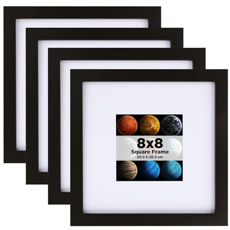EGOFINE 8x8 Photo Frames Set of 4, Solid Wood Picture Frames with Plexiglass for Picture 4x4 with Mat or 20x20cm without Mat,Tabletop and Wall Mounting Display,Black