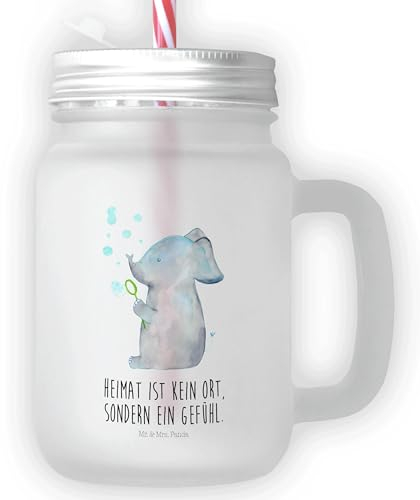 Mr. & Mrs. Panda Trinkglas Mason Jar Elefant Seifenblasen - Geschenk, Satiniertes Glas, Dickhäuter, Sommerglas, Strohhalm Glas, Tiere, lustige