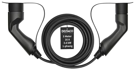 DELTACO Typ 2 EV-Ladekabel für E-Autos und Hybrid Fahrzeuge, Elektroauto Charger Mennekes Kabel, Kompatibel mit ID.3, ID.4, Zoe, E-Tron, Model S/3/X/Y, Leaf, 1-phasig, 16A | 3.6kW, 5 Meter