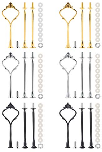 6 Set Cake Stand Fittings Kits Tiered Tray Hardware for Cake Stand Mold Crown 3 Tier Cake Stand Holder Hardware for Wedding Party Making Resin Cupcake Dessert Platter Serving Stand(Gold&Silver&Black)