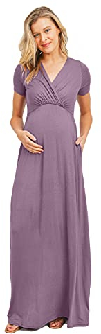 LaClef Damen Umstandskleid Maxikleid mit Seitentasche für Babyparty oder Fotografie, Dusty Flieder, Groß