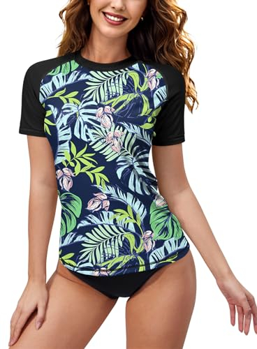 Dame Kurz Arme Bademode Surf Mit Blatt Printing Uv Shirt Sonnenschutz UPF 50+ A6 L