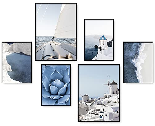 AllBlue Premium Poster Set 6 Blaues Meer Strand Bilder Deko Schlafzimmer, Wohnungs Deko, Deko Wohnzimmer Modern Home Deko (A3x2, A4x4, ohne Rahmen)