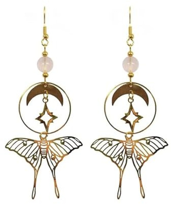 Azusa Sun Gothic Vintage Schmetterling Ohrringe, Sonne und Mond Ohrringe für Frauen, Luna-Motten-Ohrringe, lange baumelnde Kristall-Ohrringe, Vintage-Gothic-Schmuck