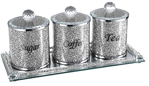BTSKY Set of 4 for Sugar Coffee Tea Canisters With Lid and Tray - Glass Mirrored with Crushed Diamonds Container for Kitchen Table, Decorative Sparky Glass Decor Counter Constainers
