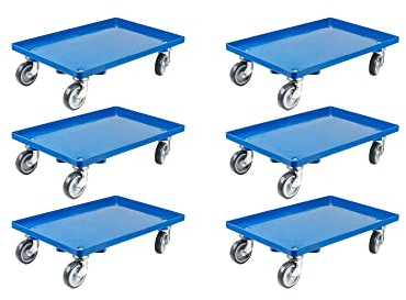 SparSet 6X Transportroller für Euroboxen 60x40cm mit Gummiräder blau | Geschlossenes Deck | 4 Lenkrollen | Traglast 300kg | Kistenroller Logistikroller Rollwagen Profi-Fahrgestell