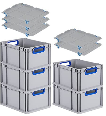 PROREGAL SuperSparSet 5x Eurobox NextGen Color mit Auflagedeckel & Schiebeschnappverschlüsse, HxBxT 22x30x40cm, 20L, Griffe blau offen, Glatter Boden, Eurobehälter Transportbox Transportbehälter