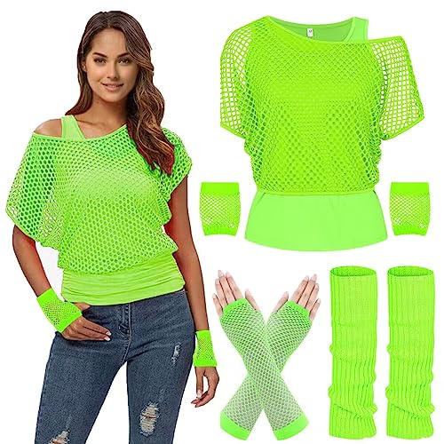 WILDPARTY 80er 90er Jahre Outfit Damen, Netzshirt, Tank top, Beinwärmer, Netzhandschuhe, Kostüm 80er Jahre Netzoberteil Damen Tops Neon Shirt 80s Aerobic Outfit Kleidung Mottoparty Clothes