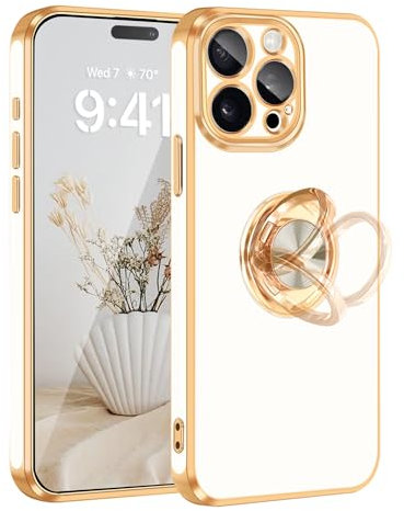 Fingic for iPhone 15 Pro Case[with 360°Rotatable Ring Holder Stand][Support Magnetic Car Mount] Shiny Plating Gold Slim Thin Soft TPU Shockproof Protective Case for iPhone 15 Pro for Women Men Boy