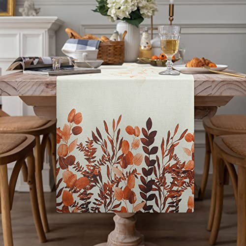 Tischläufer Esszimmer Tischdecke Modern Herbstlicher Läufer Leinen Dunkelorange Eukalyptus Tischwäsche Matte Küche Tischläufer Dekoration für Halloween Hochzeit Erntedankfest Tischdeko 40x140cm