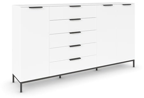 Rauch Möbel Flipp, Kombikommode, Kommode mit Stauraum für Wohnzimmer, Schlafzimmer, Flur, 4 Fachböden, mit Metallkufe graphit, Alpinweiß, 3-türig, 5 Schubkästen, Griffe graphit, 199x111x42cm