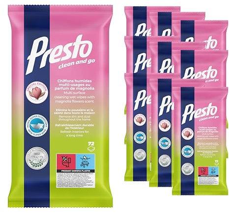 Presto Universal Reinigungstücher Magnolia - Für glatte Oberflächen - Schnelle und effektive Reinigung - Möbel, Terrakotta, Paneele, Fliesen - Blumenduft - 864 Stk. - 12x72