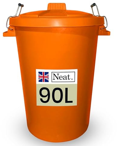 Neat. 90L Bin Coloured Large Plastic Bins, Heavy Duty Kitchen Bin with Metal Handle Dustbin with Lid For Easy Refusal, Garden Bin Indoor Outdoor Rubbish Waste or Storage of Animal Feed, Orange-1Pack